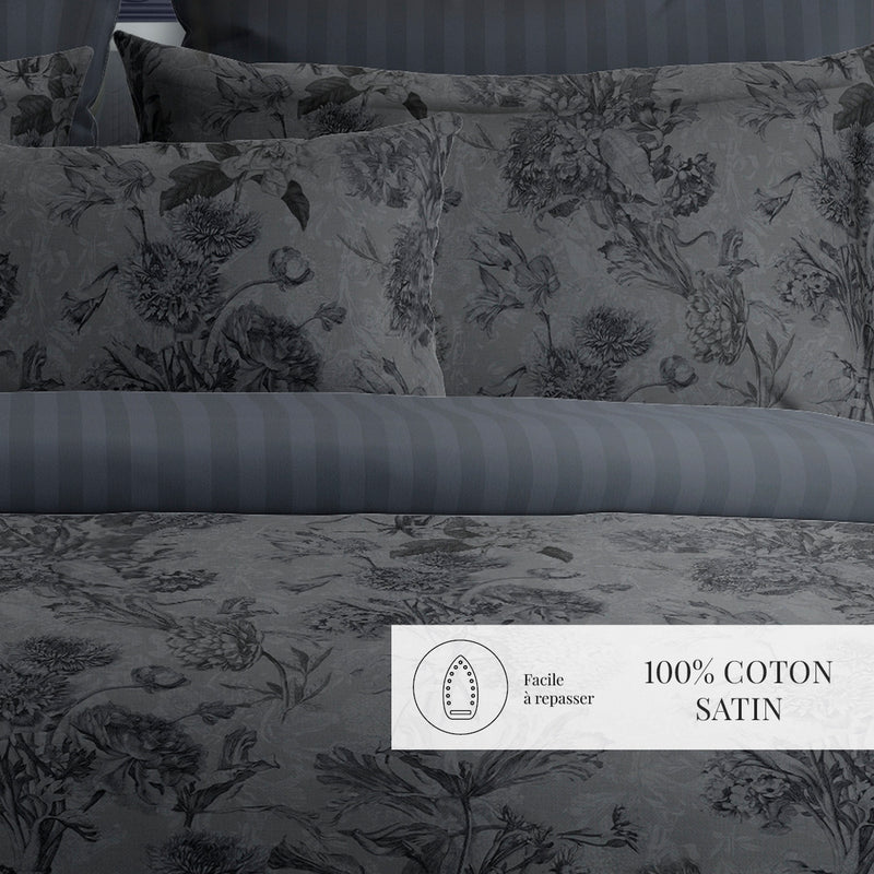 Jardin Botanique - Housse De Couette + Taie D'Oreiller - Satin De Coton - Noir / Gris