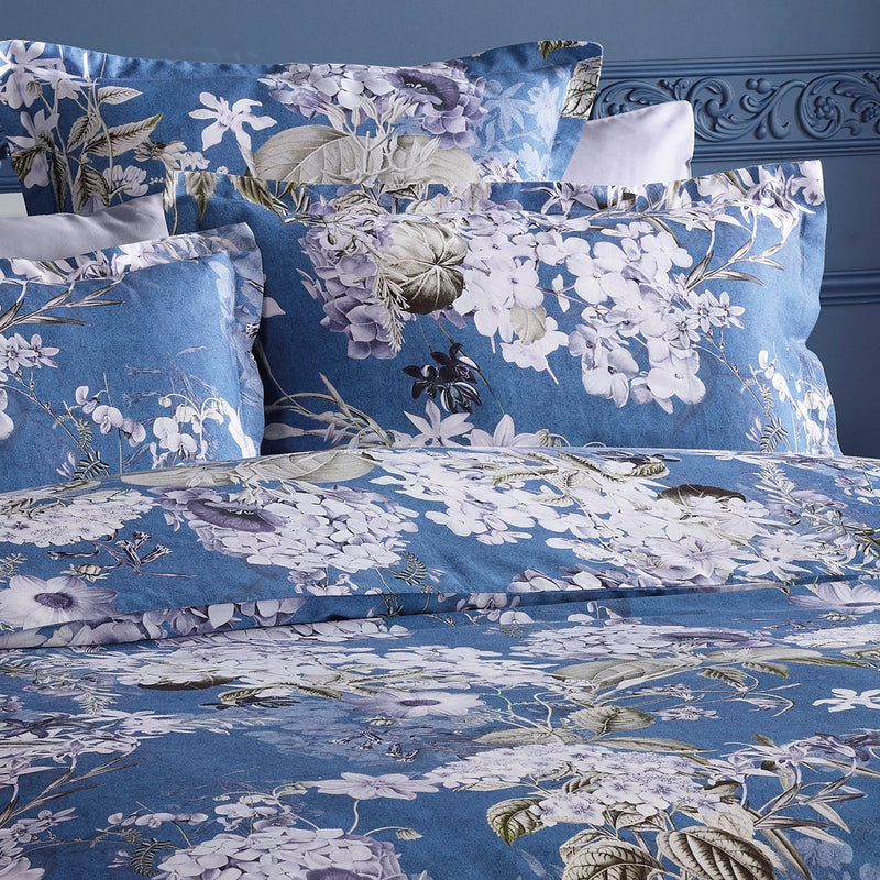 Hortensia - Housse De Couette + Taie D'Oreiller - Satin De Coton - Bleu