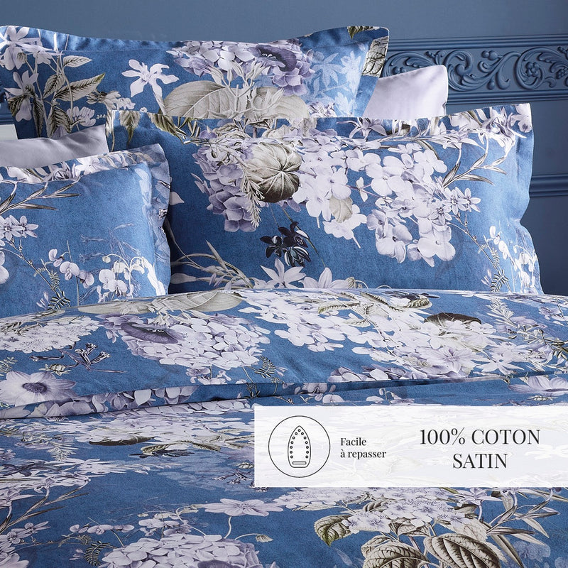 Hortensia - Housse De Couette + Taie D'Oreiller - Satin De Coton - Bleu