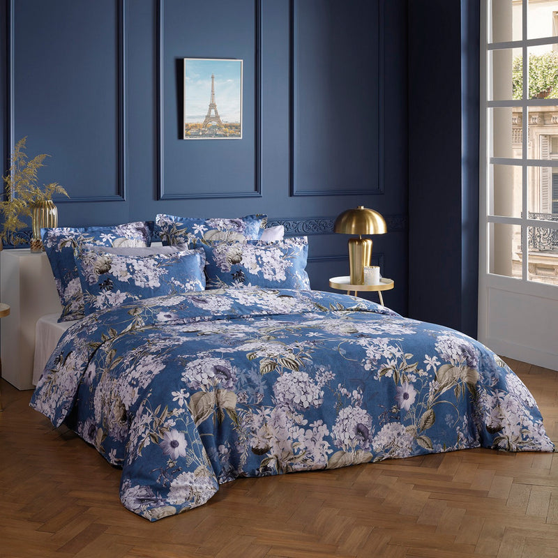 Hortensia - Taie D'Oreiller - Satin De Coton - Bleu