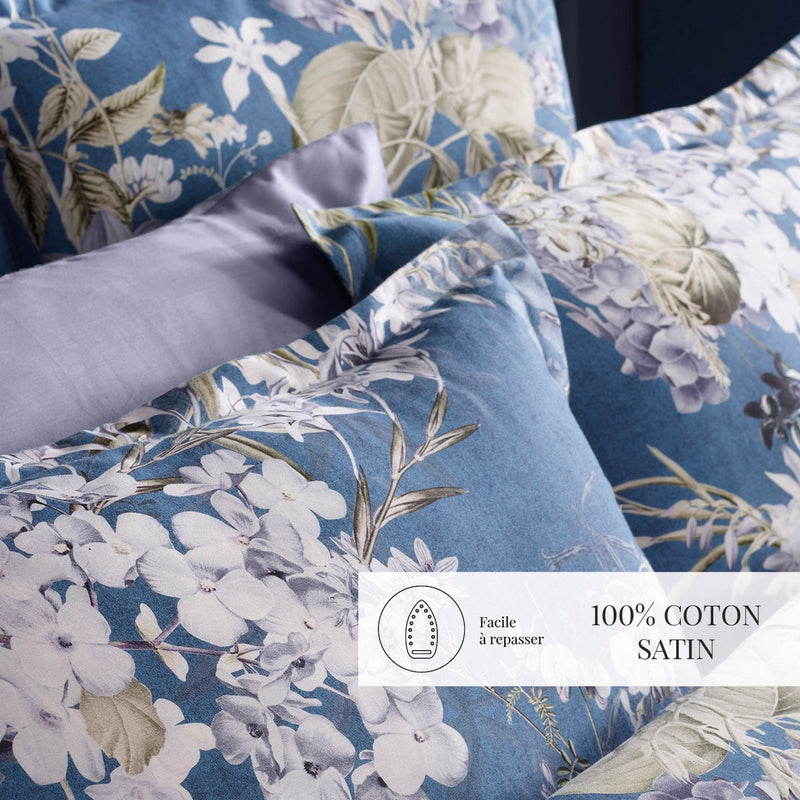 Hortensia - Taie D'Oreiller - Satin De Coton - Bleu