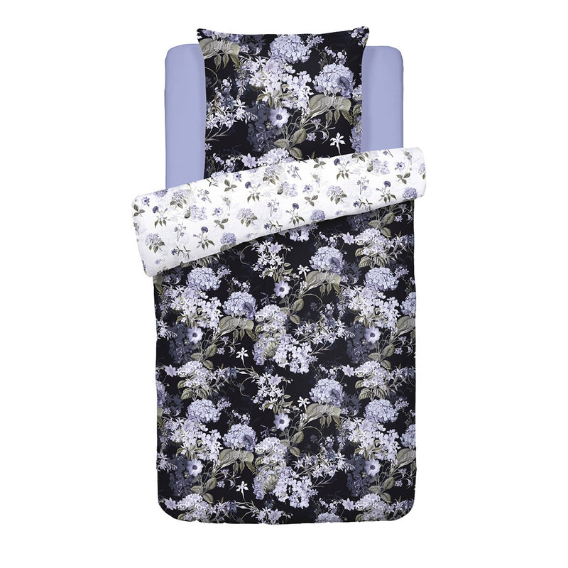 Hortensia - Housse De Couette + Taie D'Oreiller - Satin De Coton - Bleu Foncé