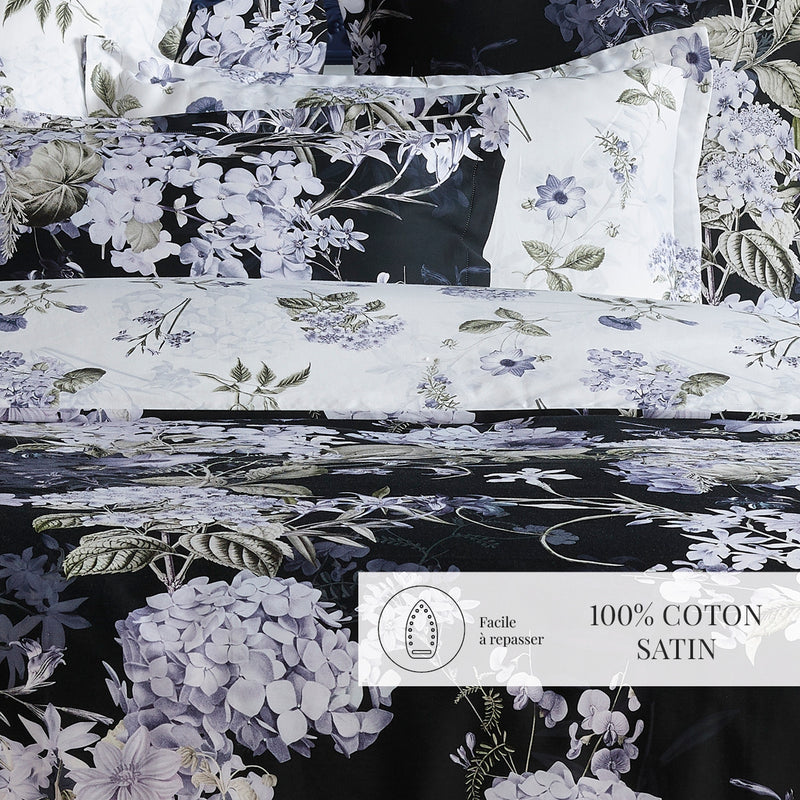 Hortensia - Housse De Couette + Taie D'Oreiller - Satin De Coton - Bleu Foncé