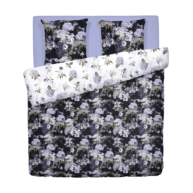 Hortensia - Housse De Couette + Taie D'Oreiller - Satin De Coton - Bleu Foncé