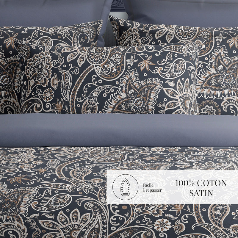 Indienne - Housse De Couette + Taie D'Oreiller - Satin De Coton - Gris / Taupe