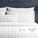 Carreaux - Taie D'Oreiller - Satin De Coton - Blanc / Bleu