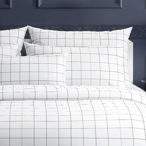 Carreaux - Taie D'Oreiller - Satin De Coton - Blanc / Bleu