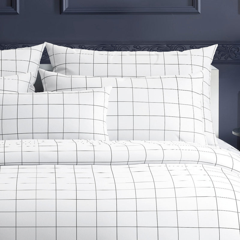 Carreaux - Taie D'Oreiller - Satin De Coton - Blanc / Bleu