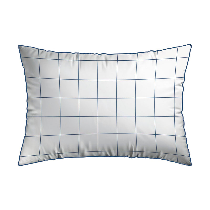 Carreaux - Taie D'Oreiller - Satin De Coton - Blanc / Bleu