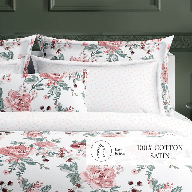 Peony - Housse De Couette + Taie D'Oreiller - Satin De Coton - Blanc