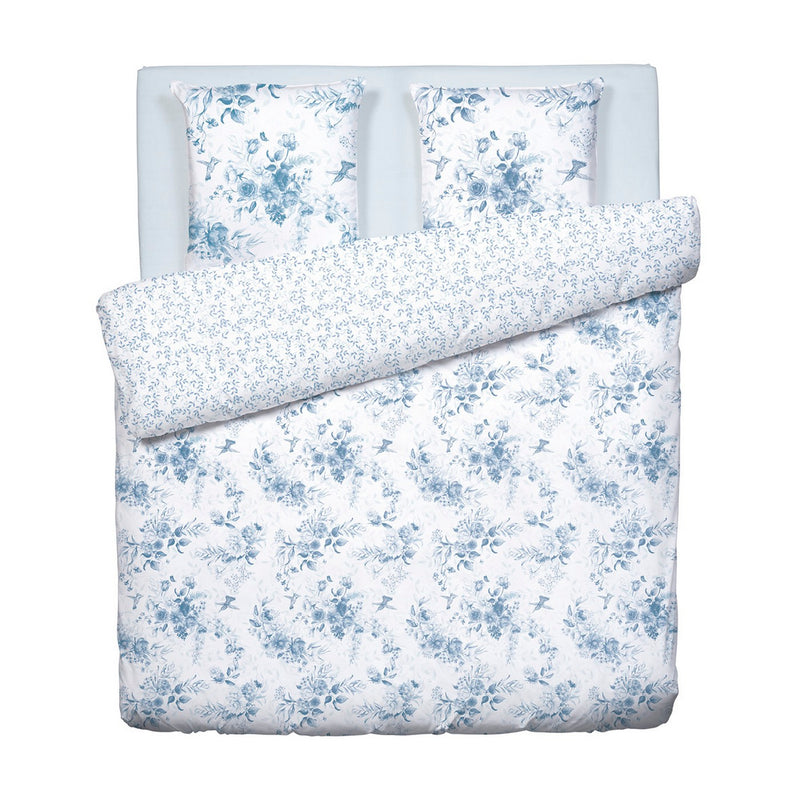 Bleu Floral - Housse De Couette + Taie D'Oreiller - Satin De Coton - Blanc