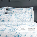 Bleu Floral - Taie D'Oreiller - Satin De Coton - Blanc