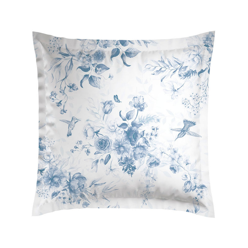 Bleu Floral - Taie D'Oreiller - Satin De Coton - Blanc
