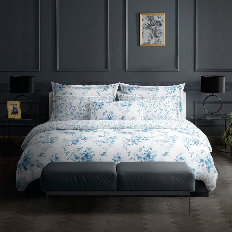 Bleu Floral - Taie D'Oreiller - Satin De Coton - Blanc