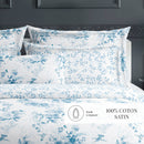 Bleu Floral - Taie D'Oreiller - Satin De Coton - Blanc