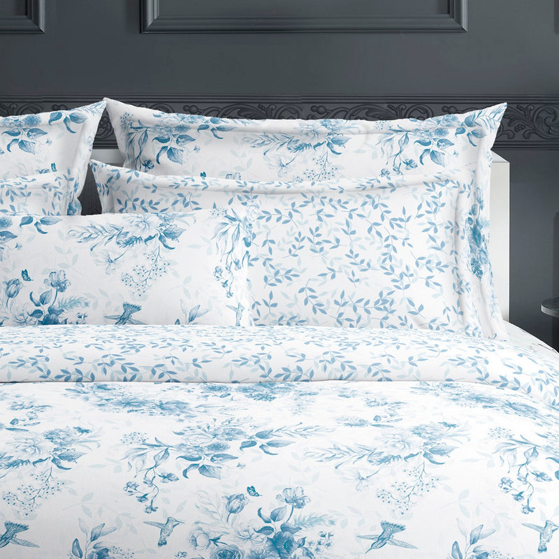 Bleu Floral - Taie D'Oreiller - Satin De Coton - Blanc