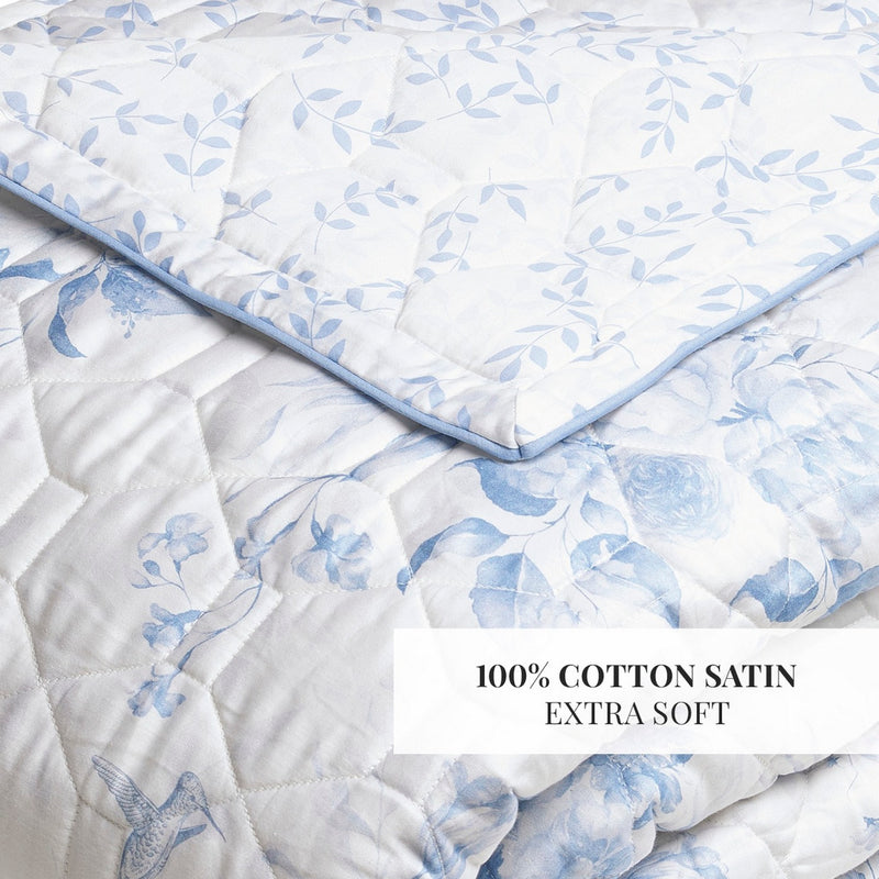 Bleu Floral - Couvre-Lit - Satin De Coton - Blanc