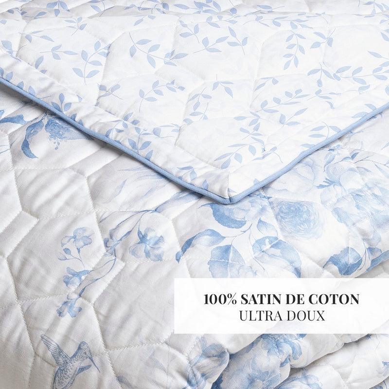 Bleu Floral - Couvre-Lit - Satin De Coton - Blanc