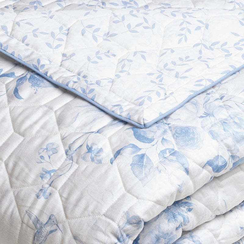 Bleu Floral - Couvre-Lit - Satin De Coton - Blanc