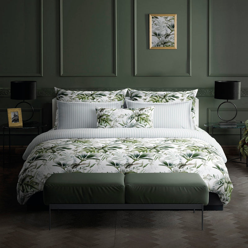Jardin Exotique - Housse De Couette + Taie D'Oreiller - Satin De Coton - Blanc