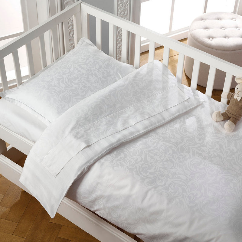 Baroque - Housse De Couette + Taie D'Oreiller Bébé - Satin De Coton - Tissé Jacquard - Blanc
