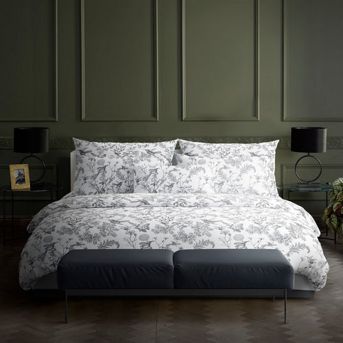 Colibri Floral - Housse De Couette + Taie D'Oreiller - Satin De Coton - Noir Gris