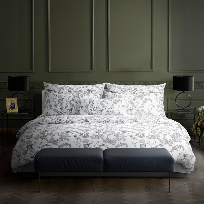 Colibri Floral - Housse De Couette + Taie D'Oreiller - Satin De Coton - Noir Gris