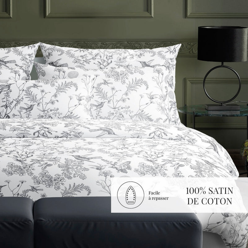 Colibri Floral - Taie D'Oreiller - Satin De Coton - Noir Gris