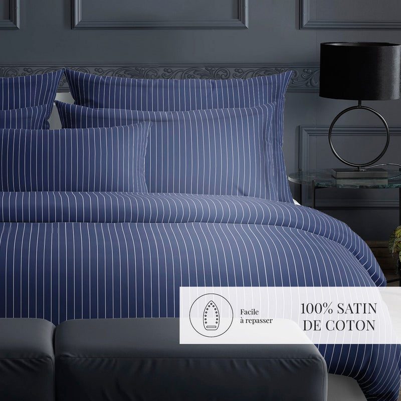 Rayures Élégantes - Taie D'Oreiller - Satin De Coton - Bleu Foncé