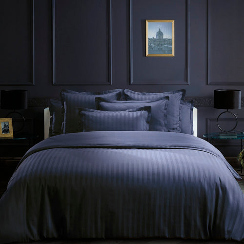 Dobby Stripe Woven - Parure Housse De Couette + 1 ou 2 Taie(s) D'Oreiller - Satin De Coton - Rayure Tissé Dobby - Bleu Foncé