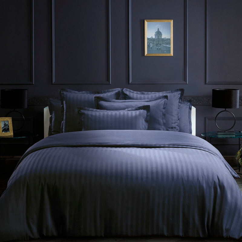 Dobby Stripe Woven - Parure Housse De Couette + Taie D'Oreiller - Satin De Coton - Rayure Tissé Dobby - Bleu Foncé