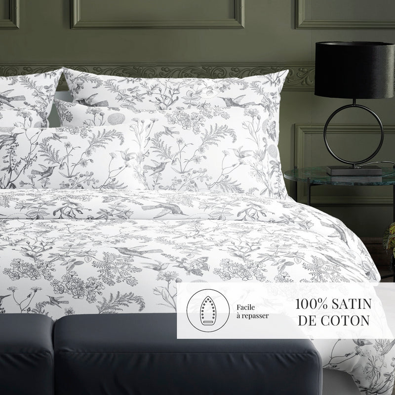 Colibri Floral - Taie De Traversin - Satin De Coton - Noir Gris