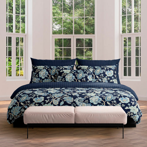 Kashmir - Housse De Couette + Taie D'Oreiller - Satin De Coton - Bleu Foncé