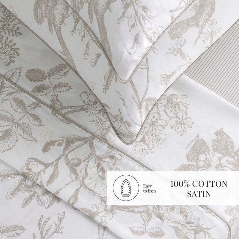 Colibri Floral - Housse De Couette + Taie D'Oreiller - Satin De Coton - Taupe