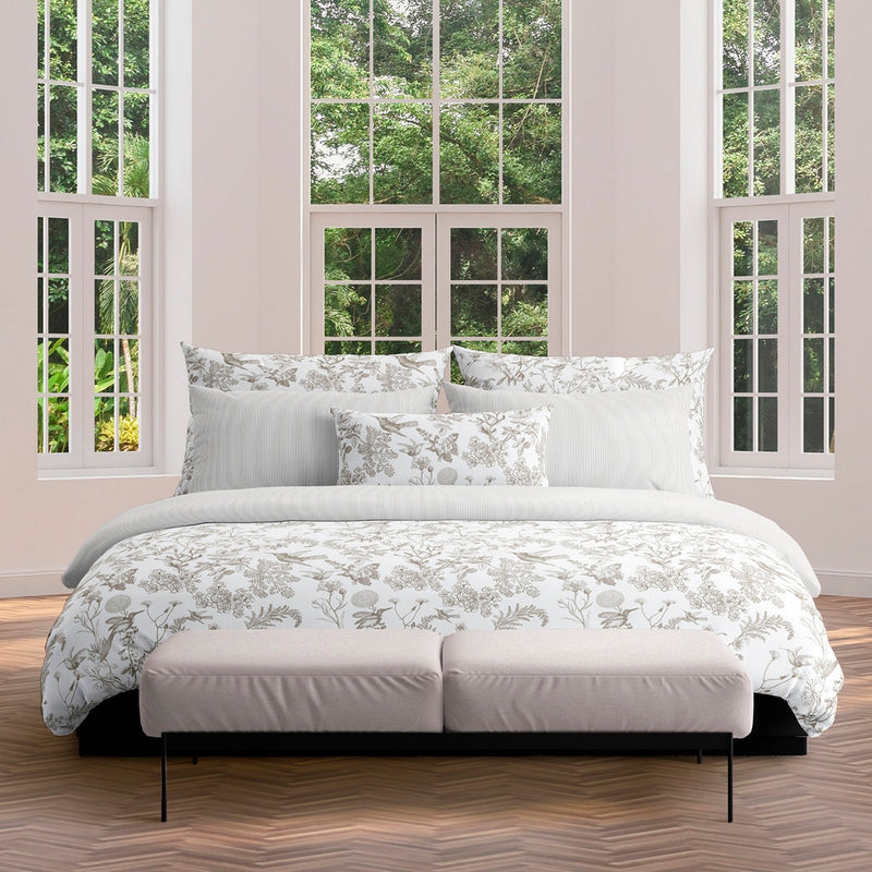 Colibri Floral - Taie D'Oreiller - Satin De Coton - Taupe