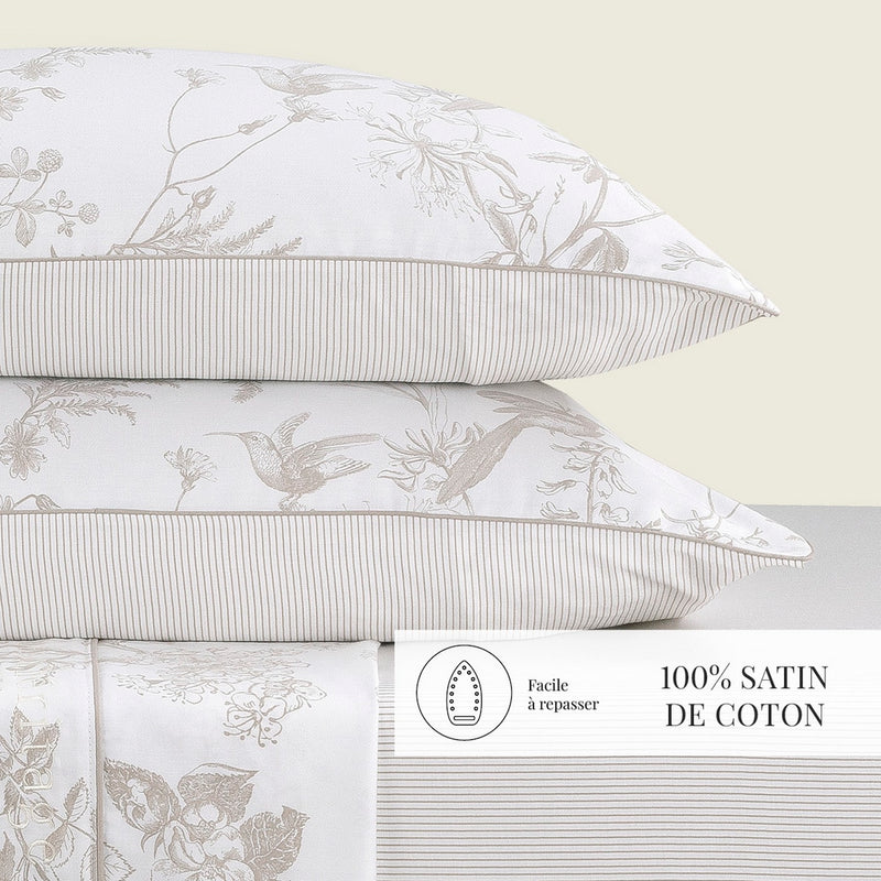 Colibri Floral - Taie D'Oreiller - Satin De Coton - Taupe