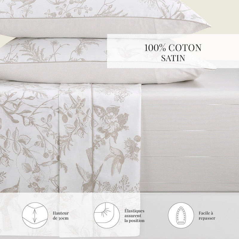 Colibri Floral - Drap-Housse - Satin De Coton - Taupe