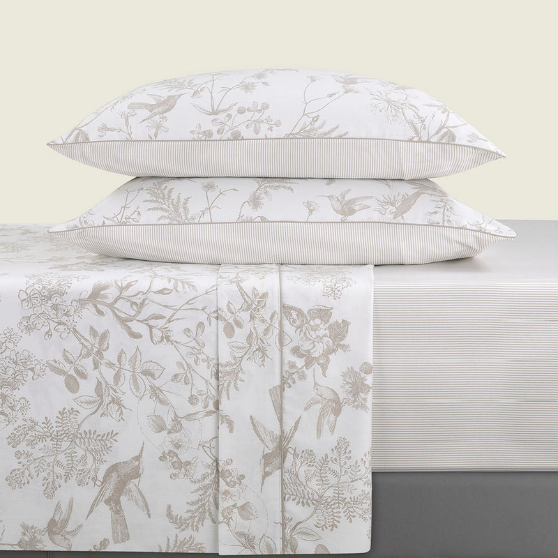 Colibri Floral - Ensemble De Draps - Satin De Coton - Taupe