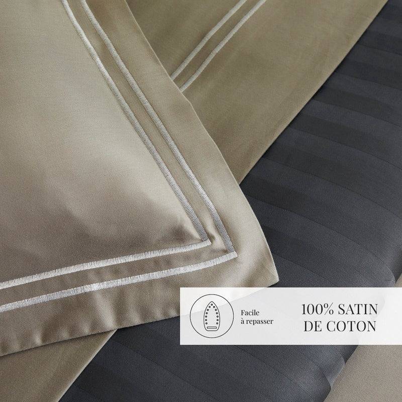 Paris - Housse De Couette + Taie D'Oreiller - Satin De Coton - Blanc / Taupe