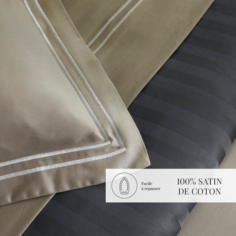 Paris - Set De 2 Taies D'Oreiller - Satin De Coton - Blanc / Taupe