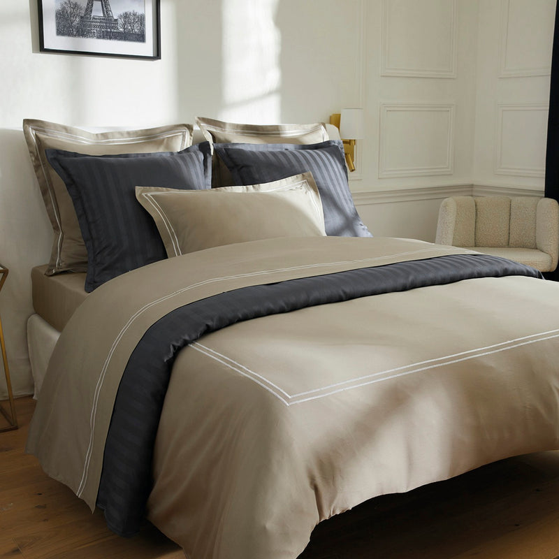 Paris - Taie De Traversin - Satin De Coton - Blanc / Taupe