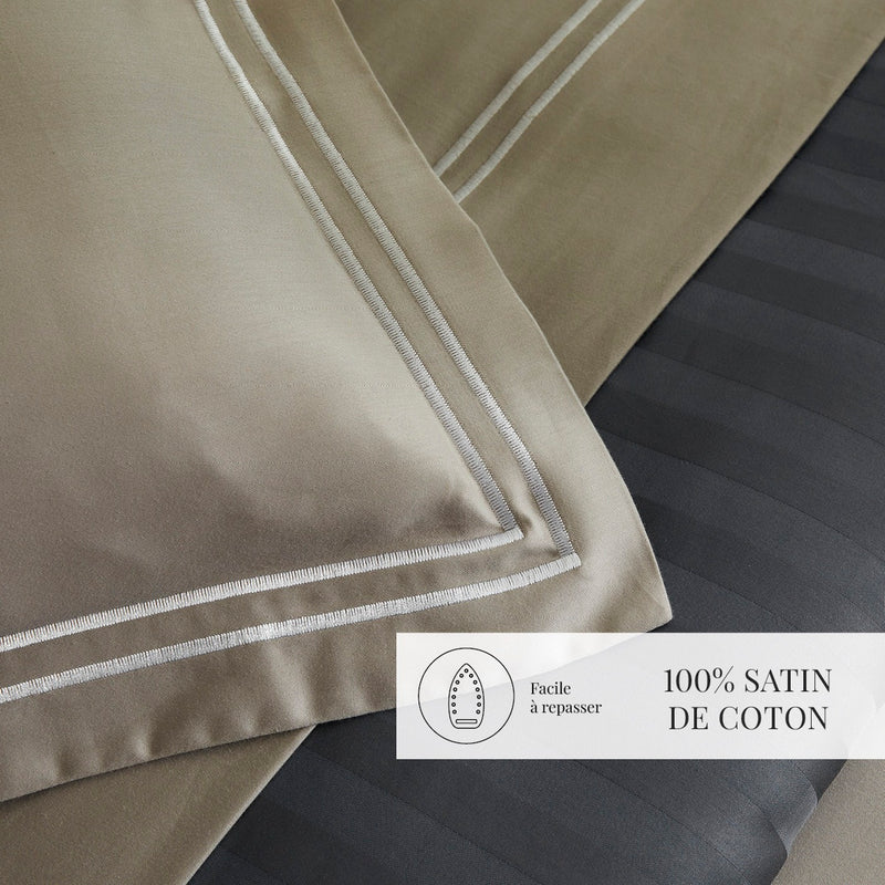 Paris - Taie De Traversin - Satin De Coton - Blanc / Taupe
