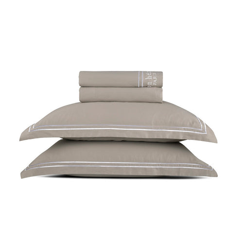 Paris - Ensemble De Draps - Satin De Coton - Blanc / Taupe