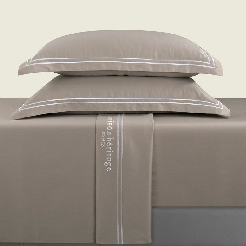 Paris - Ensemble De Draps - Satin De Coton - Blanc / Taupe