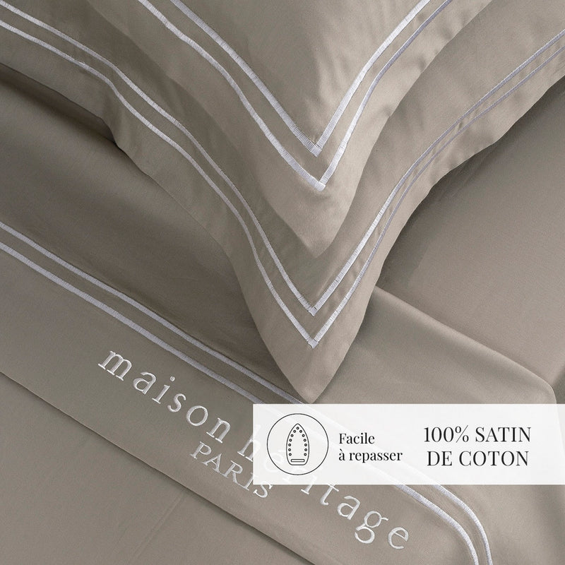 Paris - Ensemble De Draps - Satin De Coton - Blanc / Taupe