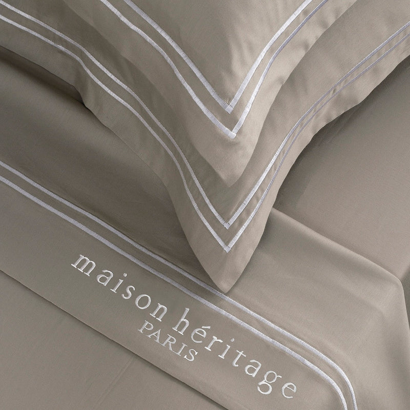 Paris - Ensemble De Draps - Satin De Coton - Blanc / Taupe