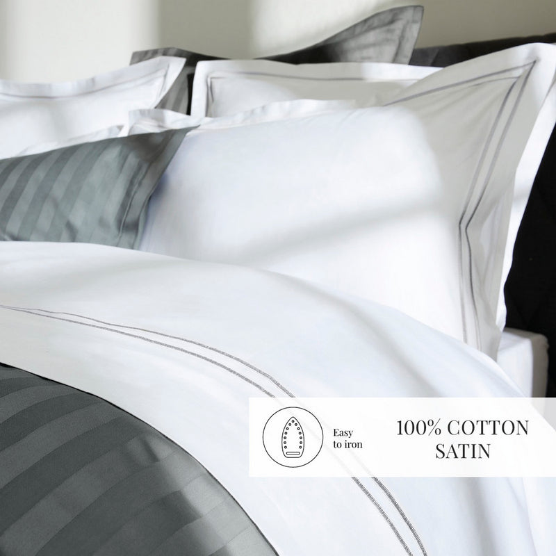 Paris - Housse De Couette + Taie D'Oreiller - Satin De Coton - Gris / Blanc