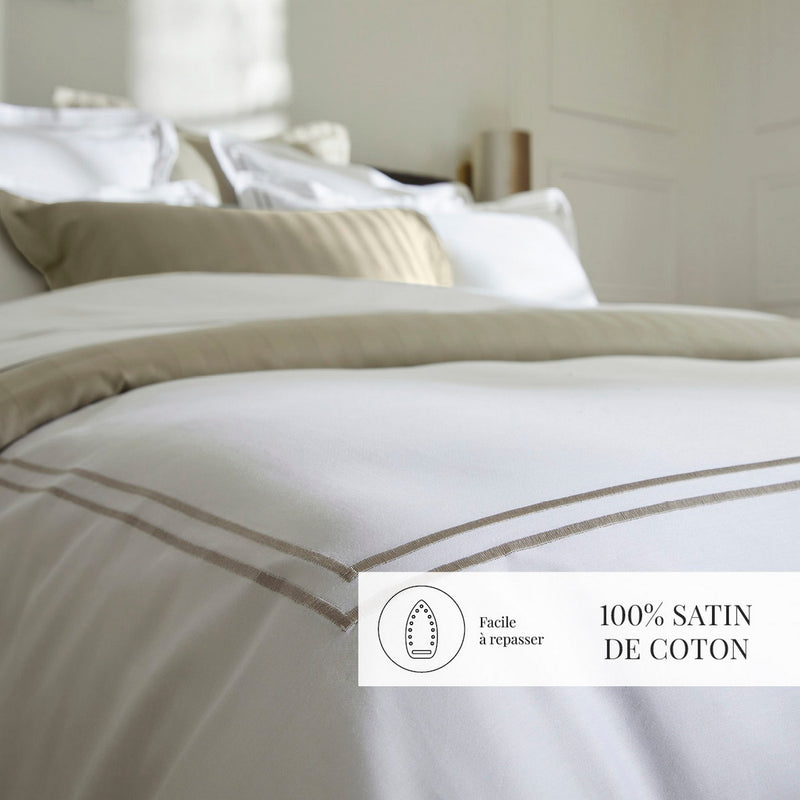 Paris - Housse De Couette + Taie D'Oreiller - Satin De Coton - Taupe / Blanc