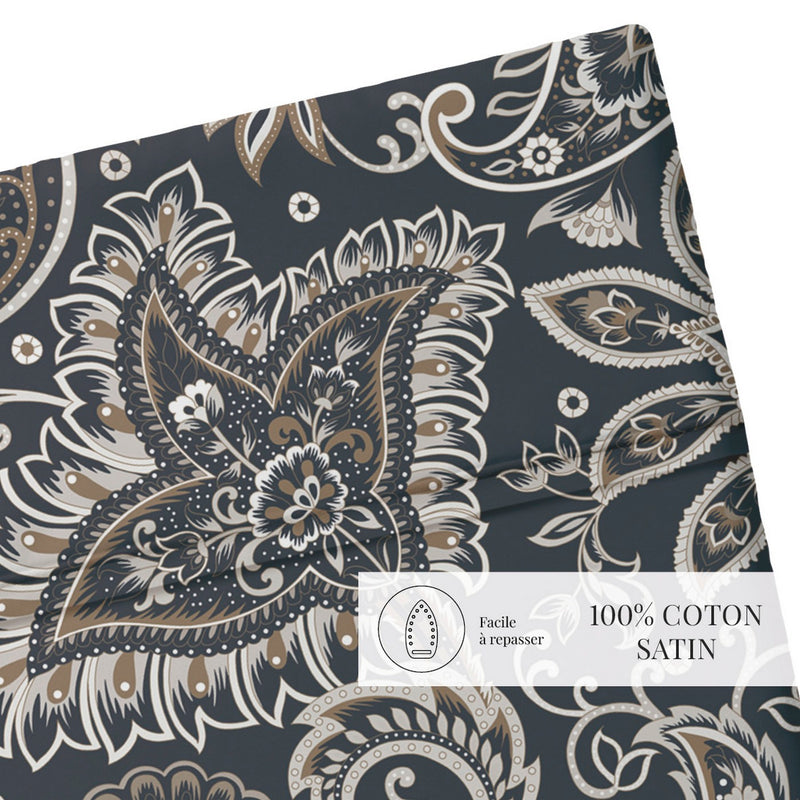 Indienne - Drap Plat - Satin De Coton - Gris / Taupe