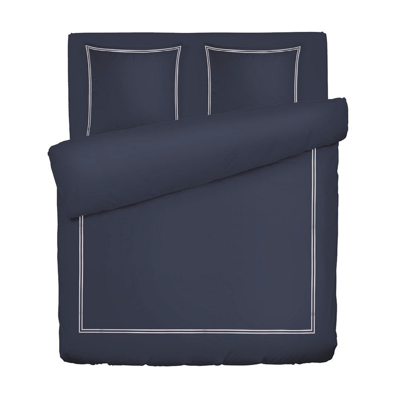 Paris - Housse De Couette + 2 Taies D'Oreiller - Satin De Coton - Blanc / Bleu Foncé